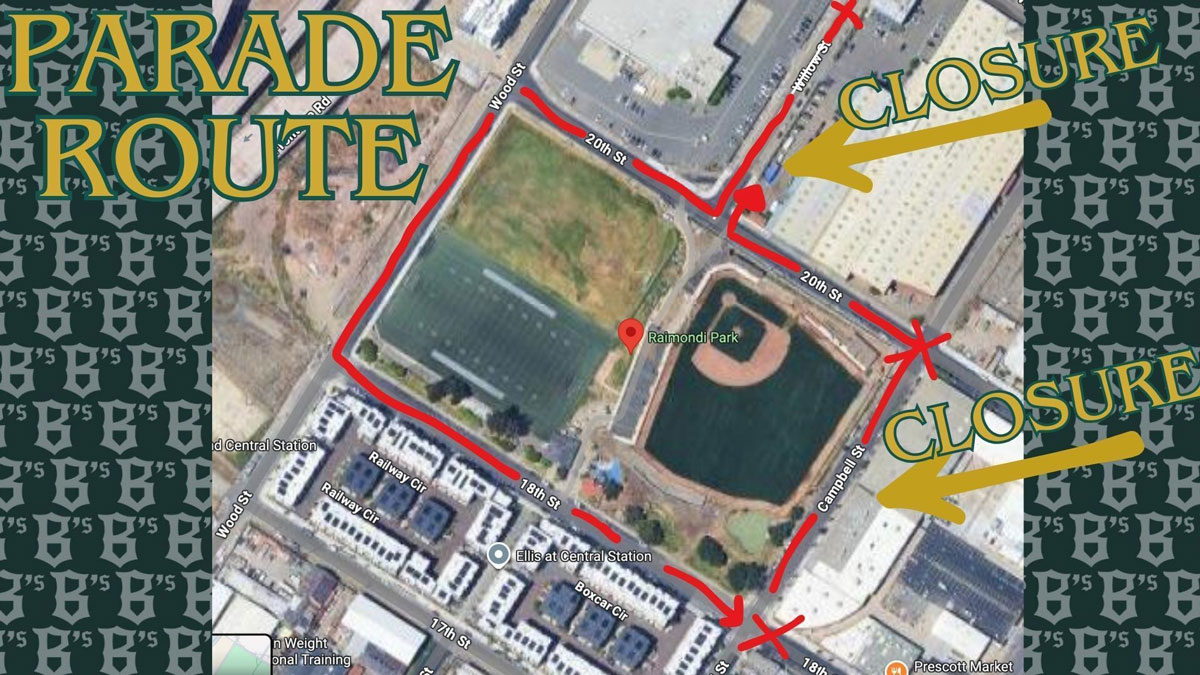 Parade Route street closures around Raimondi Park. All streets around Raimondi Park will be closed.